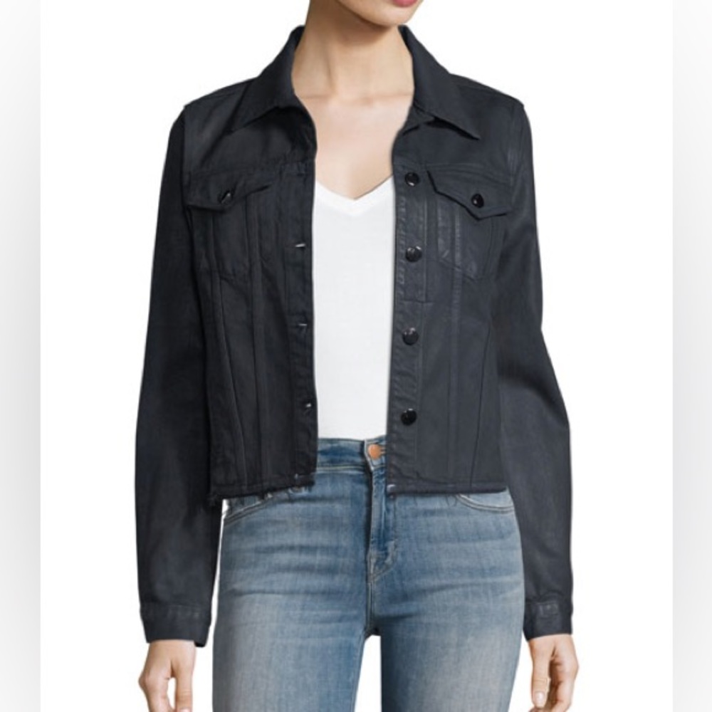 J BRAND Coated Slim Button-Front Denim Jacket w/ Raw Hem